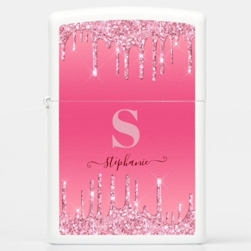 Girly Pink Sparkle Glitter Monogram Zippo Lighter