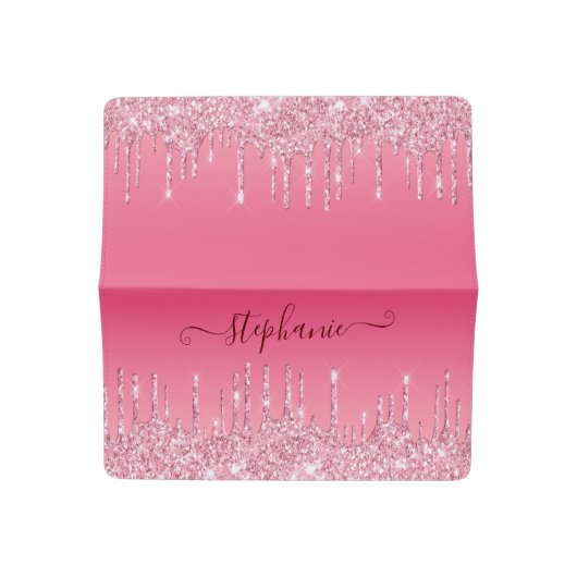 Girly Pink Sparkle Glitter Personalized Checkbook Cover (Open)
