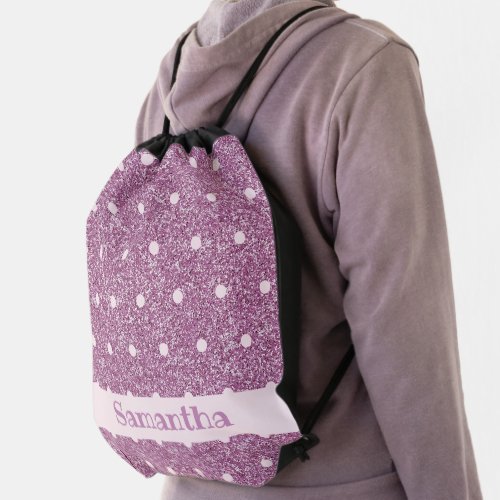 Girly Pink Sparkle Polka Dots Personalized Drawstring Bag
