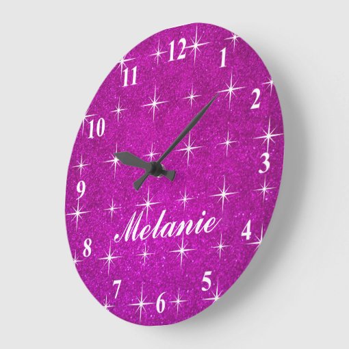 Girly pink sparkly glitter wall clock for girls Zazzle
