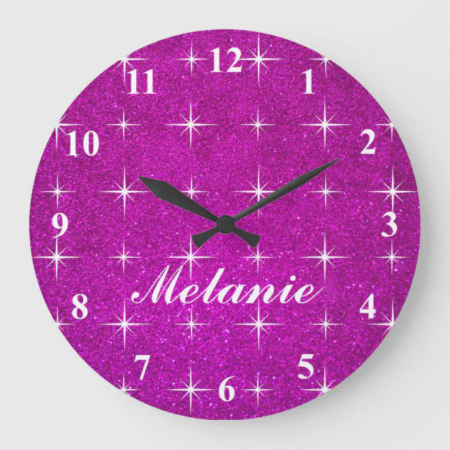 Girly pink sparkly glitter wall clock for girls Zazzle