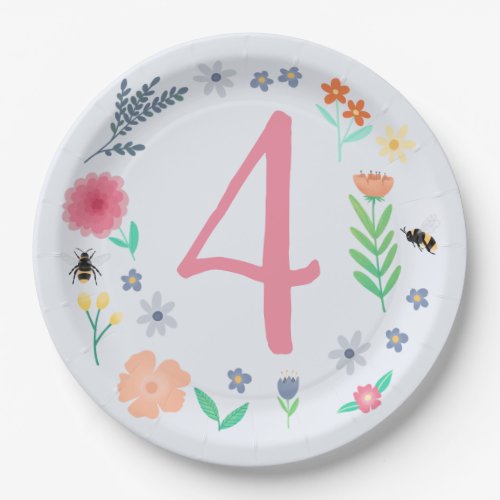 Girly Pink Spring Floral Bee Kids Birthday Paper Plates