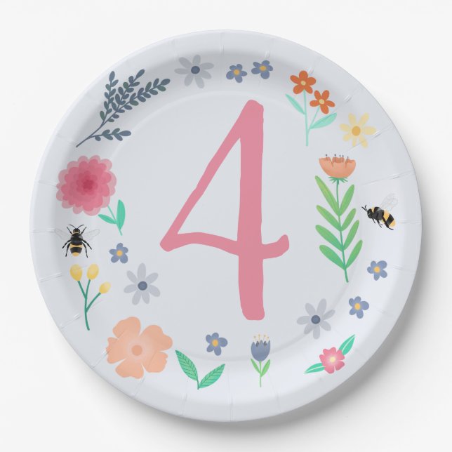 Girly Pink Spring Floral Bee Kids Birthday Paper Plates (Front)