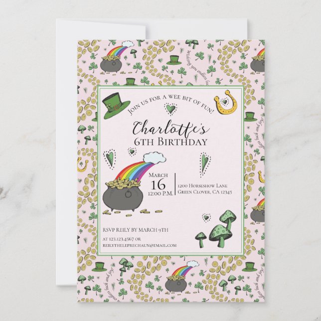 Girly Pink St Patricks Day Kids Birthday Invitation (Front)