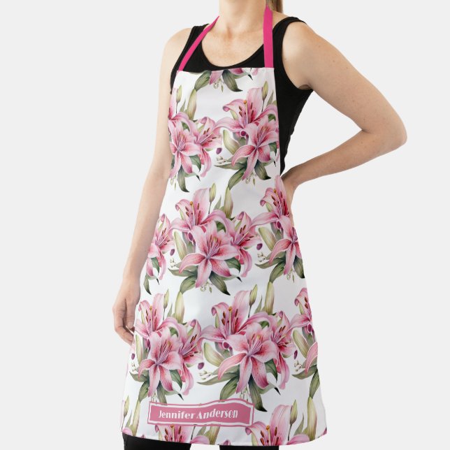 Girly Pink Stargazer Lily Floral  Apron (Insitu)