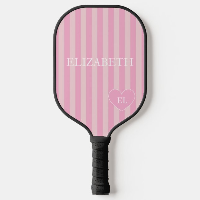 Girly Pink Stripe Name and Initial  Carbon Fiber Pickleball Paddle (Front)