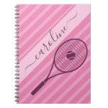 Girly Pink Striped Tennis Racket Ball Players Name Notebook at Zazzle