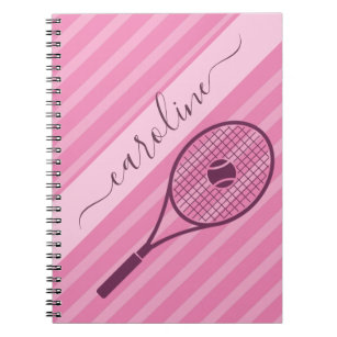 Girly Pink Striped Tennis Racket Ball Players Name Notebook