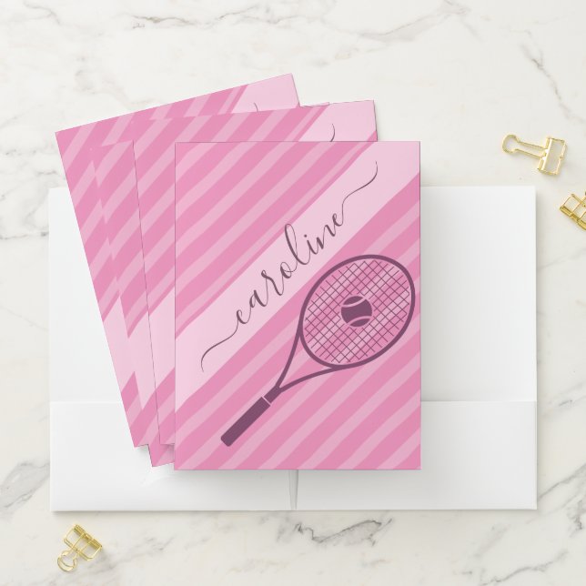 Girly Pink Striped Tennis Racket Ball Players Name Pocket Folder (In Situ)