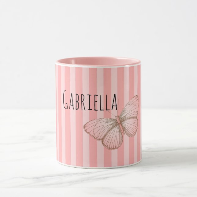 Girly Pink Stripes Butterfly Mug (Center)