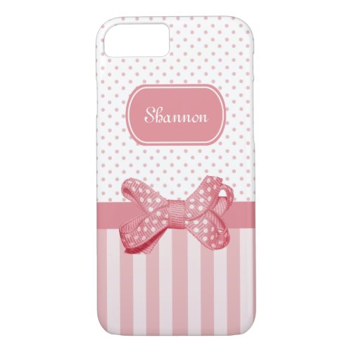 Girly Pink Stripes Cute Polka Dot Bow With Name iPhone 87 Case