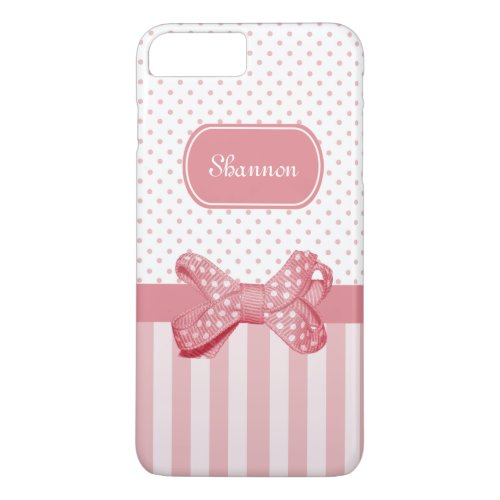 Girly Pink Stripes Cute Polka Dot Bow With Name iPhone 8 Plus7 Plus Case