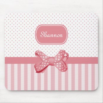 Girly Pink Stripes Cute Polka Dot Bow With Name Mouse Pad by ohsogirly at Zazzle