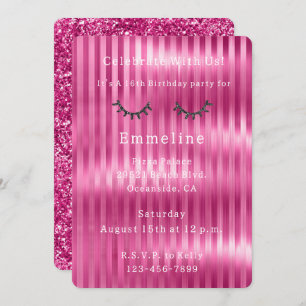 Girly Pink Stripes Glitzy Black Glitter Eyelashes Invitation