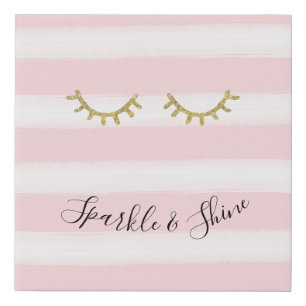 Girly Pink Stripes Gold Glitter Eyelashes  Faux Canvas Print