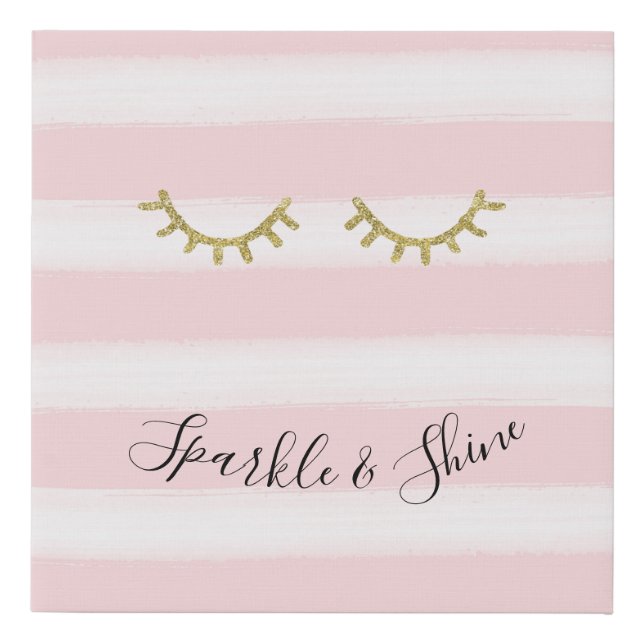 Girly Pink Stripes Gold Glitter Eyelashes  Faux Canvas Print (Front)