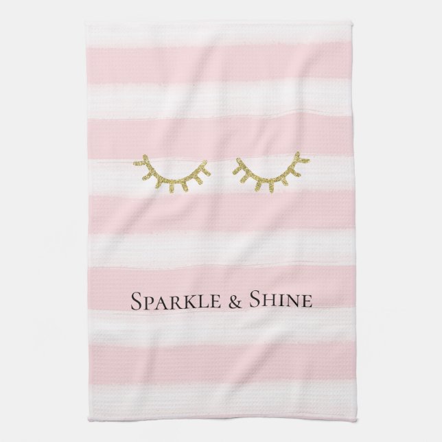 Girly Pink Stripes Gold Glitter Eyelashes  Kitchen Towel (Vertical)