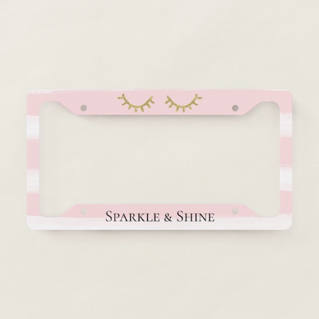 Girly Pink Stripes Gold Glitter Eyelashes  License Plate Frame (Front)