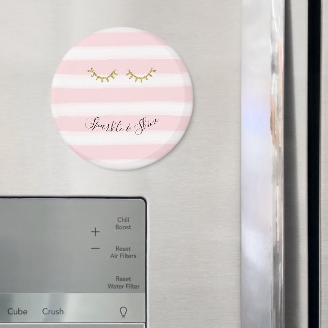 Girly Pink Stripes Gold Glitter Eyelashes  Magnet (In Situ (Fridge))