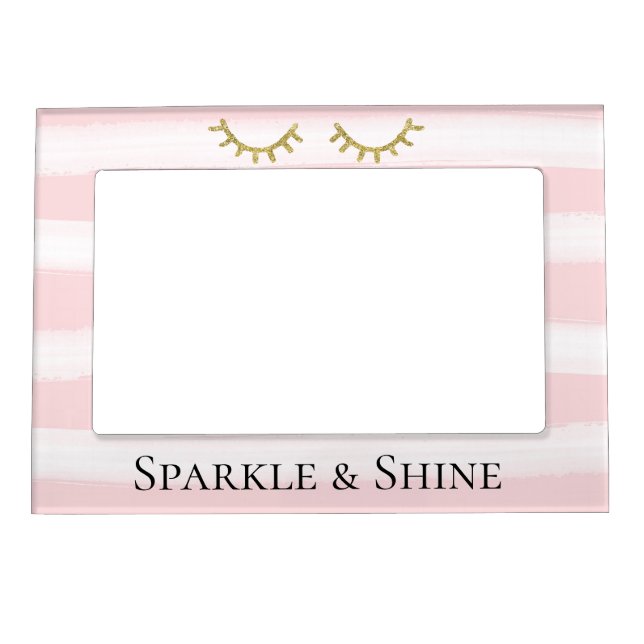 Girly Pink Stripes Gold Glitter Eyelashes  Magnetic Frame (Front)