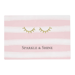 Girly Pink Stripes Gold Glitter Eyelashes Placemat