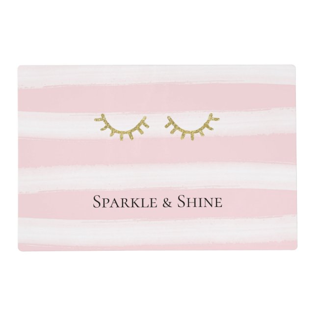 Girly Pink Stripes Gold Glitter Eyelashes  Placemat (Front)