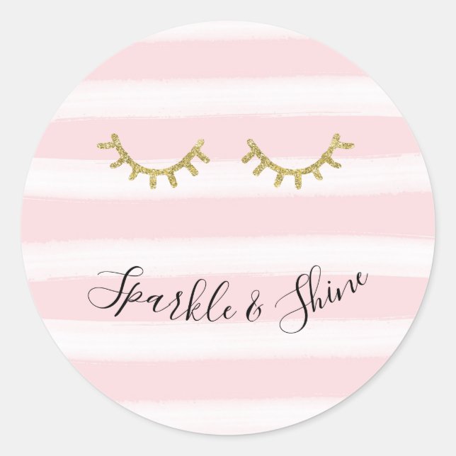 Girly Pink Stripes Gold Glitter Eyelashes Sparkle Classic Round Sticker (Front)