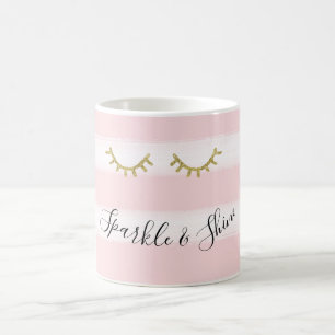 Girly Pink Stripes Gold Glitter Eyelashes Sparkle Coffee Mug