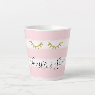Girly Pink Stripes Gold Glitter Eyelashes Sparkle Latte Mug