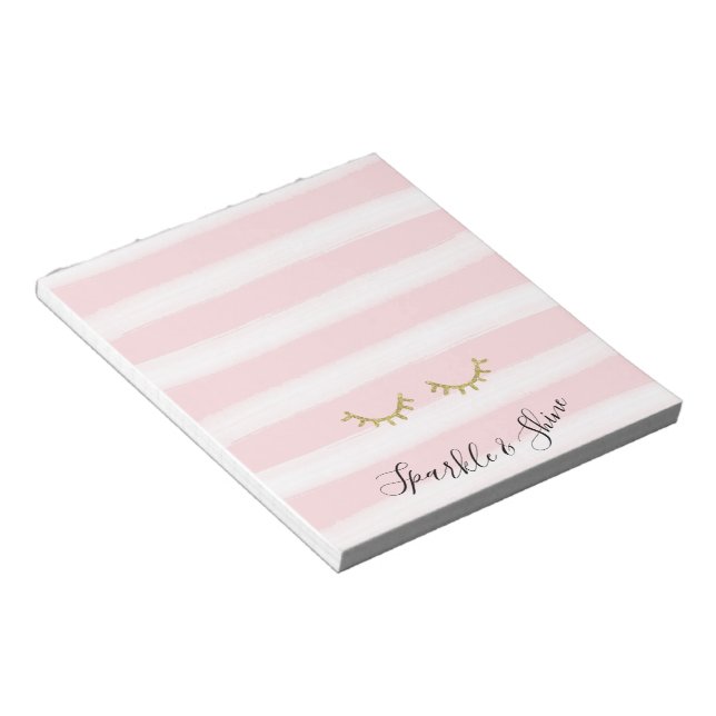 Girly Pink Stripes Gold Glitter Eyelashes Sparkle Notepad (Angled)