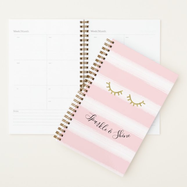 Girly Pink Stripes Gold Glitter Eyelashes Sparkle Planner (Display)