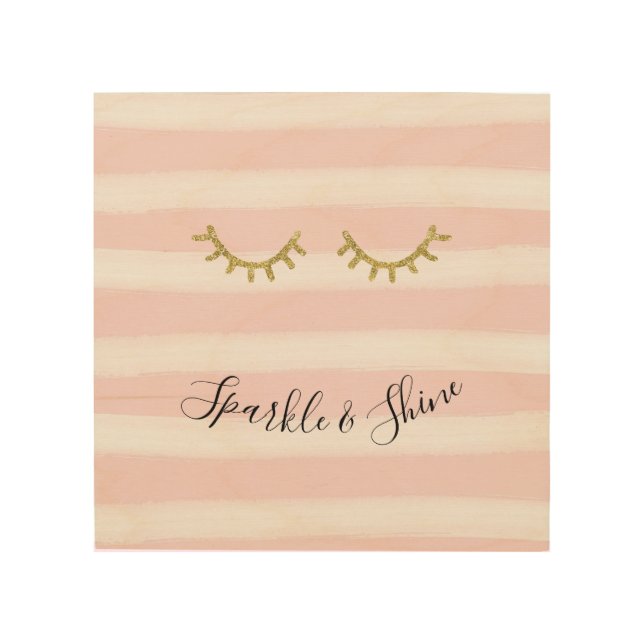 Girly Pink Stripes Gold Glitter Eyelashes  Wood Wall Art (Front)