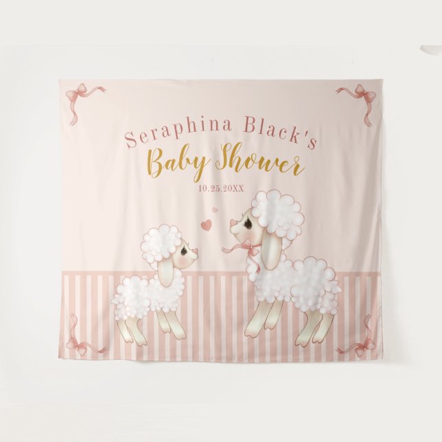 Girly Pink Stripes Lamb Baby Shower Backdrop (Front (Horizontal))