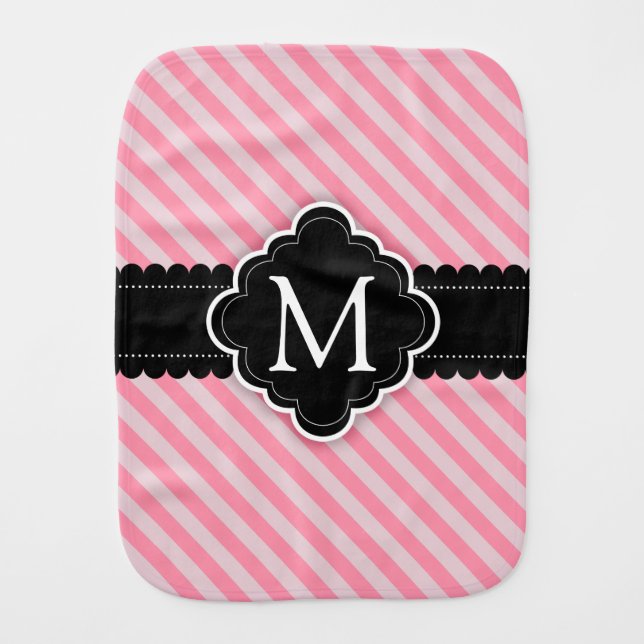 Girly Pink Stripes Pattern Black Custom Monogram Burp Cloth (Front)