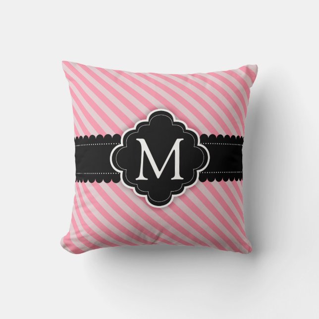 Girly Pink Stripes Pattern Black Custom Monogram Throw Pillow (Front)