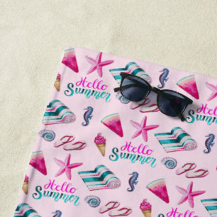 Girly Pink Summer Beach Holiday Pattern Beach Towel