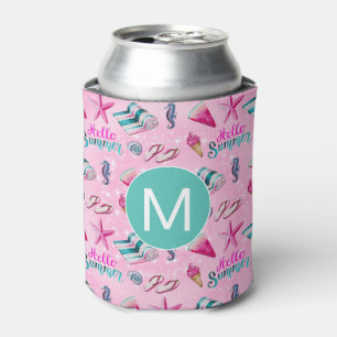 Girly Pink Summer Beach Holiday Pattern Monogram Can Cooler