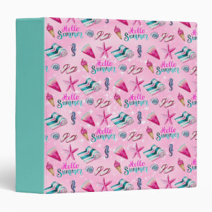 Girly Pink Summer Beach Watercolor Pattern 3 Ring Binder