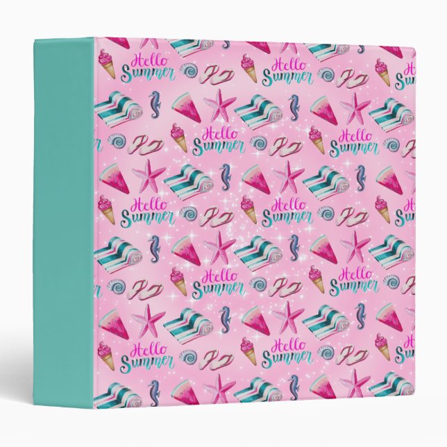 Girly Pink Summer Beach Watercolor Pattern 3 Ring Binder (Front/Spine)