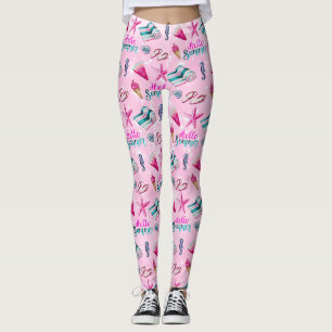 Girly Pink Summer Beach Watercolor Pattern Leggings