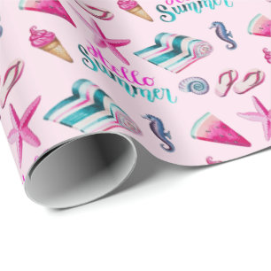 Girly Pink Summer Beach Watercolor Pattern Wrapping Paper