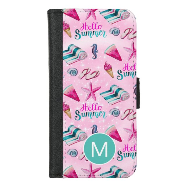 Girly Pink Summer Watercolor Pattern Monogram iPhone Wallet Case (Front)