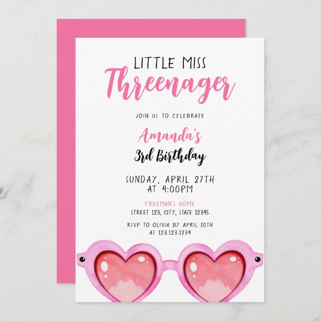 Girly Pink Sunglasses Threenager 3rd Birthday Invitation (Front/Back)