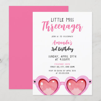 Girly Pink Sunglasses Threenager 3rd Birthday Invitation