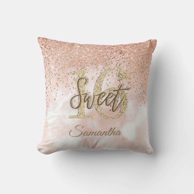 Girly Pink Sweet 16 Birthday Rose Gold Glitter Throw Pillow (Front)