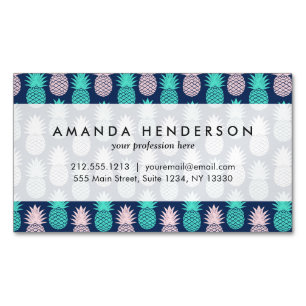 Girly Pink Teal Blue Tropical Pineapple Pattern Business Card Magnet