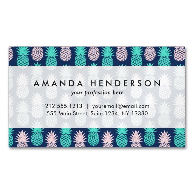 Girly Pink Teal Blue Tropical Pineapple Pattern Business Card Magnet (Front)