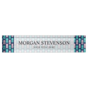 Girly Pink Teal Blue Tropical Pineapple Pattern Desk Name Plate