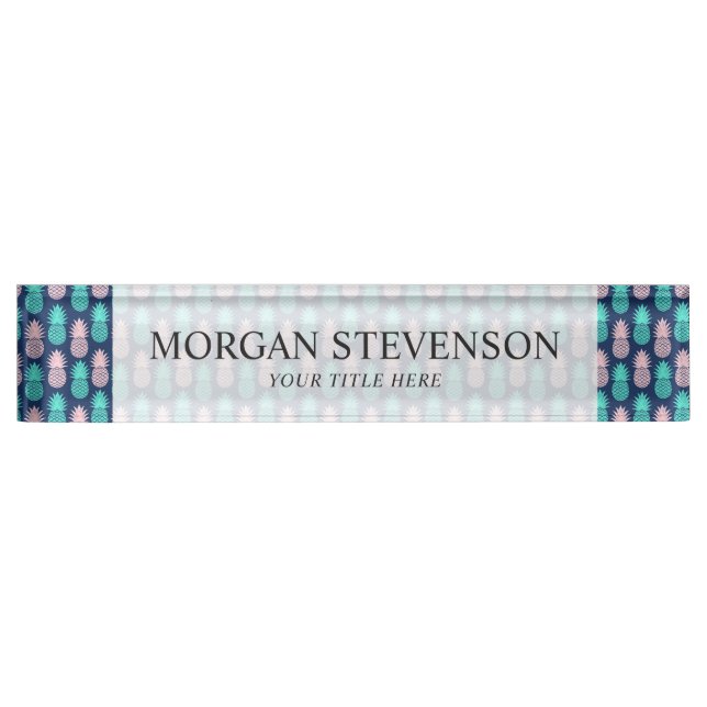 Girly Pink Teal Blue Tropical Pineapple Pattern Desk Name Plate (Front)