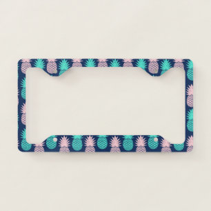 Girly Pink Teal Blue Tropical Pineapple Pattern License Plate Frame